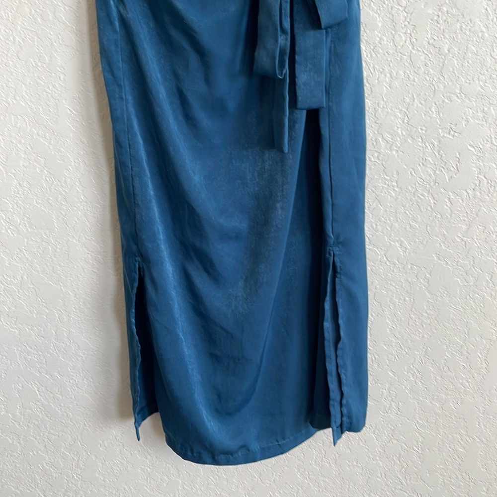 JOA | FALL IN LOVE TEAL BLUE SATIN MIDI WRAP DRESS - Picture 6 of 10